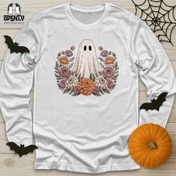 Floral Halloween Ghost Unisex Long Sleeve Tee Gift For Animal Lover