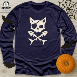 Pirate Cat And Fish Skull Unisex Long Sleeve Tee Gift For Cat Lover