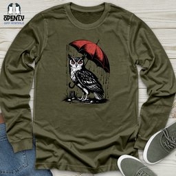 Owl Standing On Umbrella Unisex Long Sleeve Tee Gift For Animal Lover