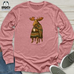 Moose Drinking Coffee Unisex Long Sleeve Tee Gift For Animal Lover
