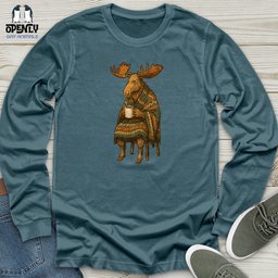 Moose Drinking Coffee Unisex Long Sleeve Tee Gift For Animal Lover