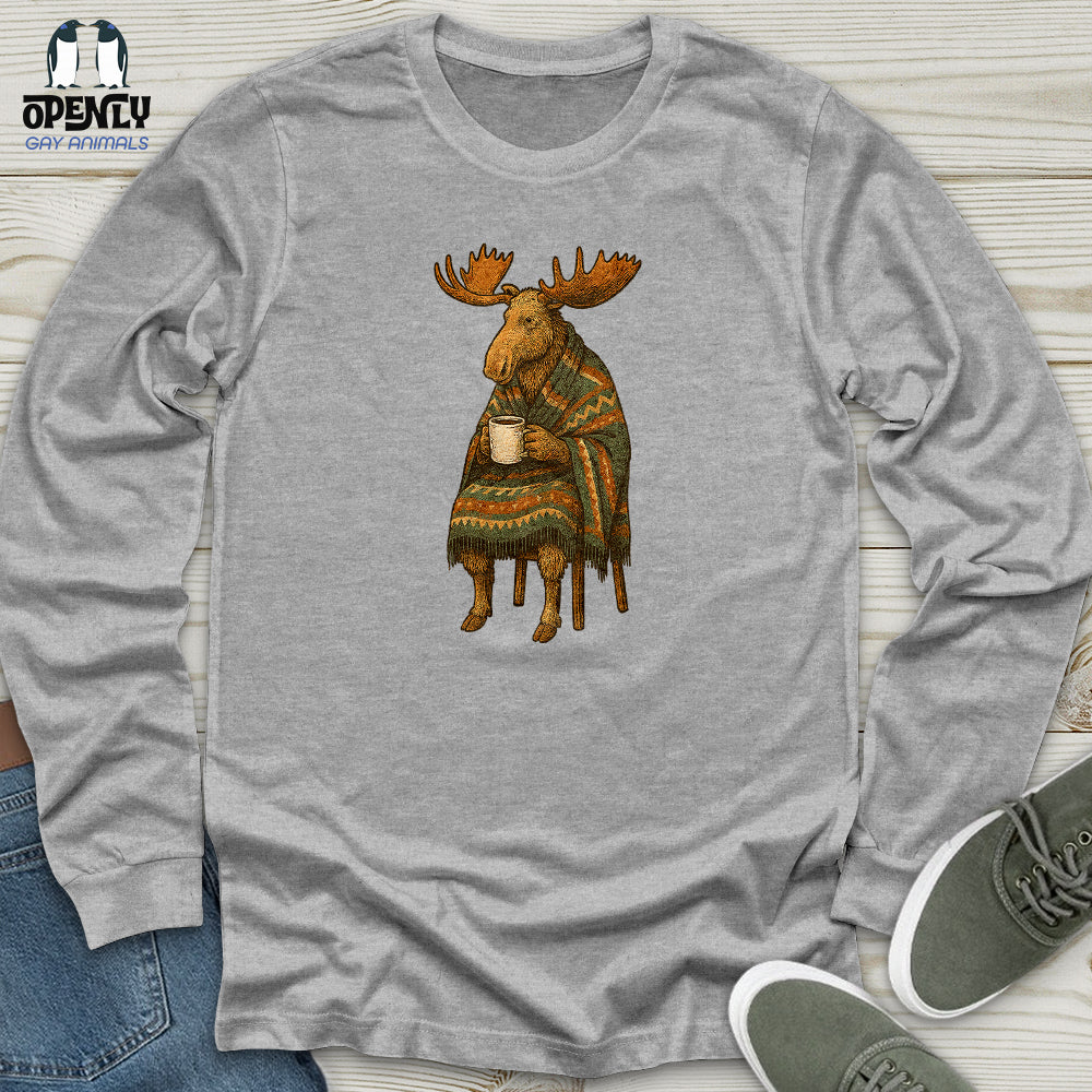 Moose Drinking Coffee Unisex Long Sleeve Tee Gift For Animal Lover