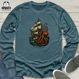 Octopus Attack Pirate Ship Unisex Long Sleeve Tee Gift For Animal Lover