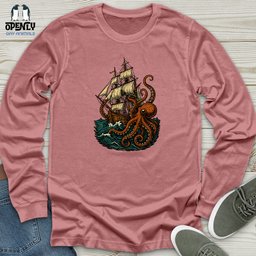 Octopus Attack Pirate Ship Unisex Long Sleeve Tee Gift For Animal Lover