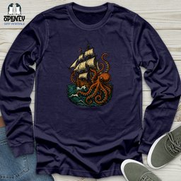 Octopus Attack Pirate Ship Unisex Long Sleeve Tee Gift For Animal Lover