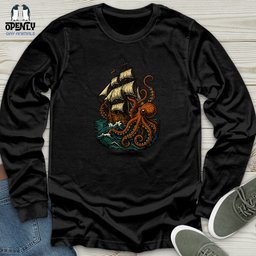 Octopus Attack Pirate Ship Unisex Long Sleeve Tee Gift For Animal Lover
