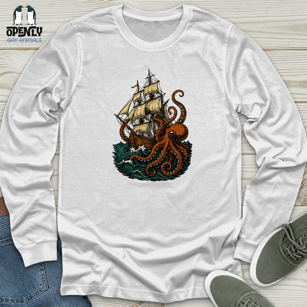 Octopus Attack Pirate Ship Unisex Long Sleeve Tee Gift For Animal Lover