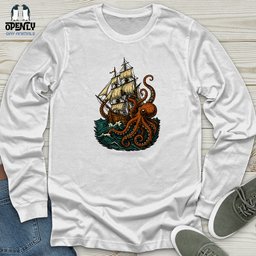 Octopus Attack Pirate Ship Unisex Long Sleeve Tee Gift For Animal Lover