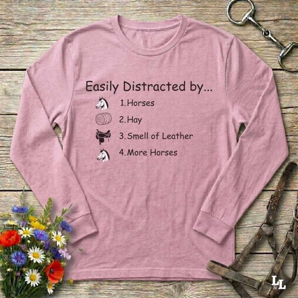 Easily Distracted By Horses Long Sleeve Tee Gift For Horse Lover