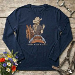 Coffee Ride Repeat Long Sleeve Tee Gift For Horse Lover