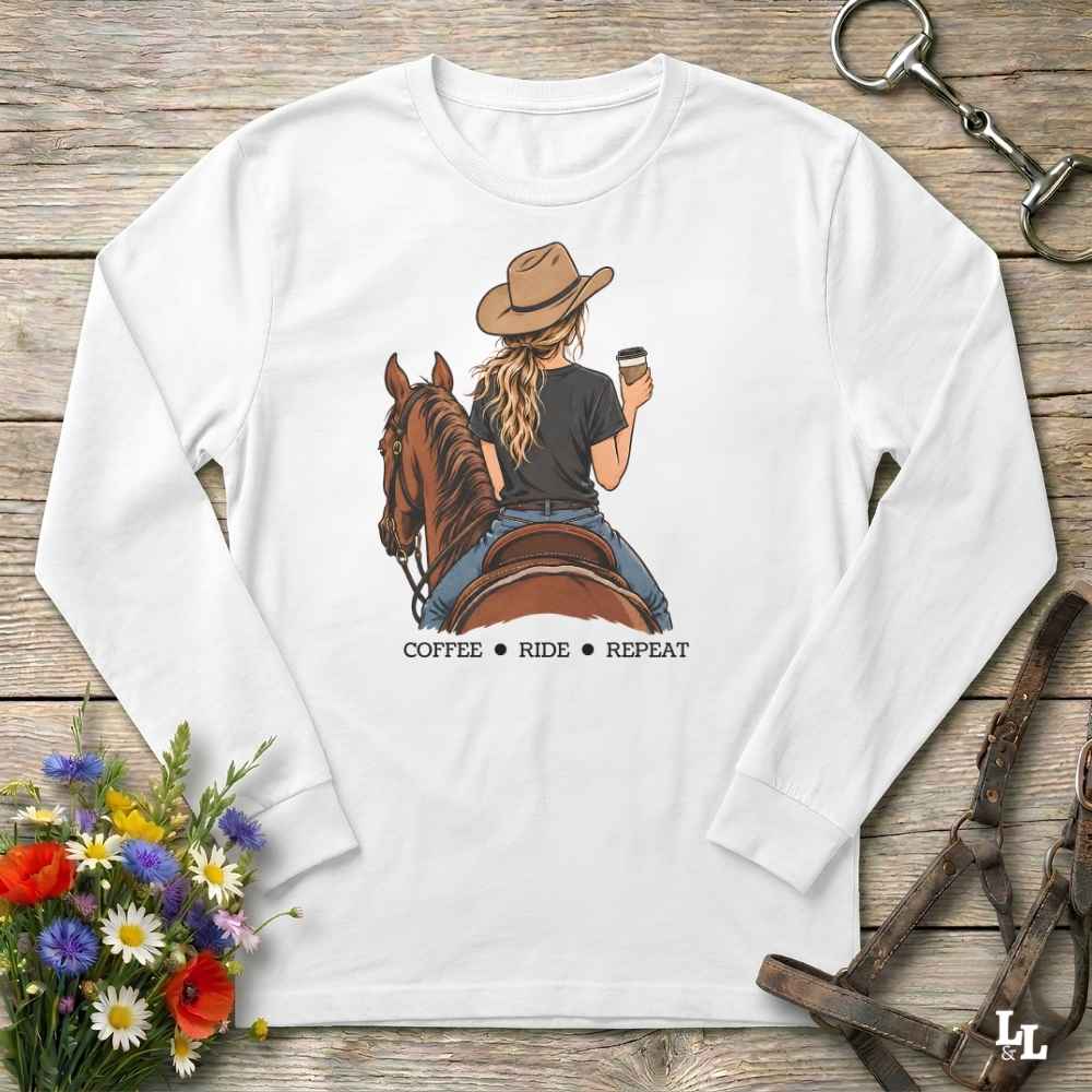 Coffee Ride Repeat Long Sleeve Tee Gift For Horse Lover