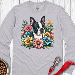 Boston Terrier Flower Wreath Long Sleeve Shirt Gift For Dog Lover