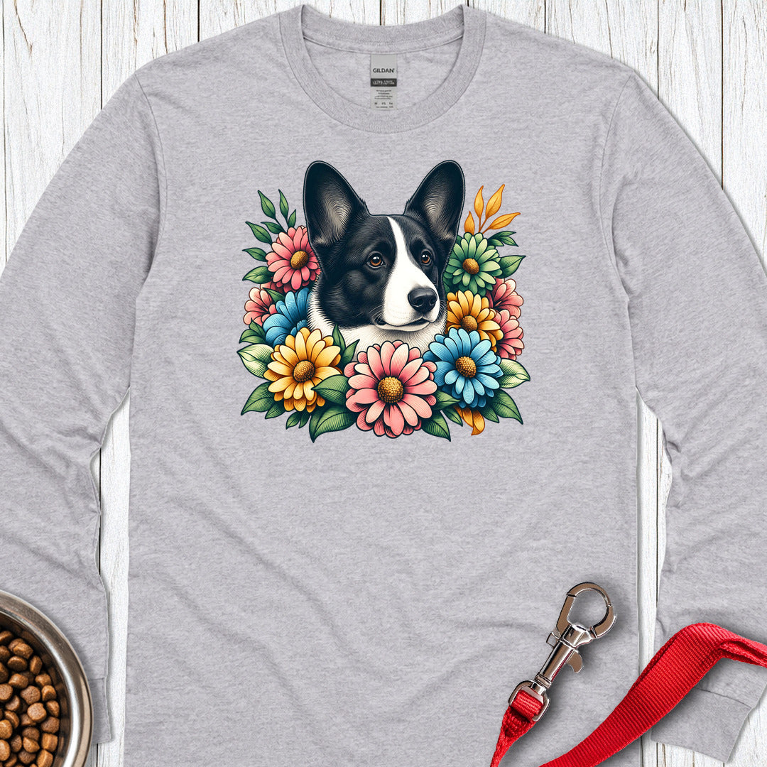 Cardigan Welsh Corgi Black And White Flower Wreath Long Sleeve Shirt Gift For Dog Lover