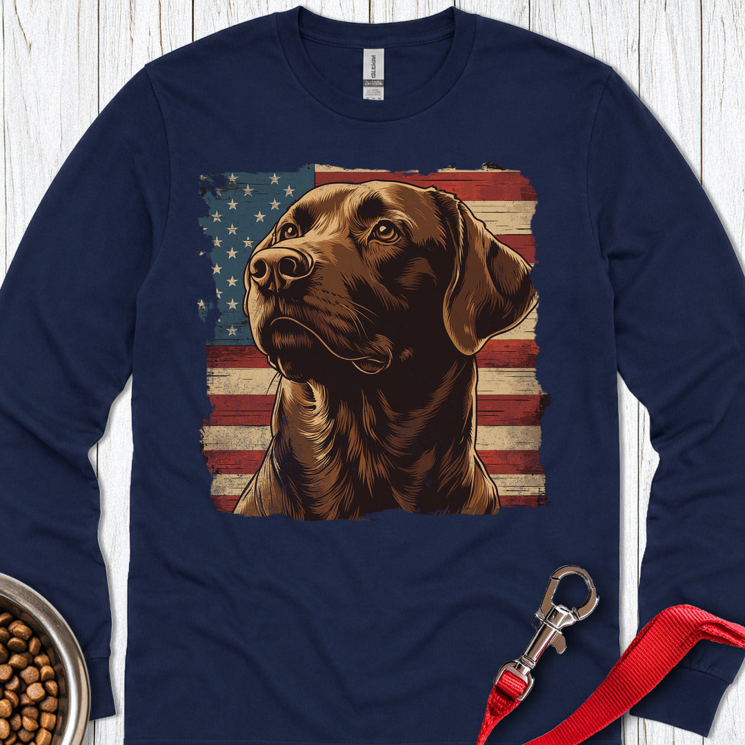 Chocolate Lab USA Flag Long Sleeve Shirt Gift For Dog Lover