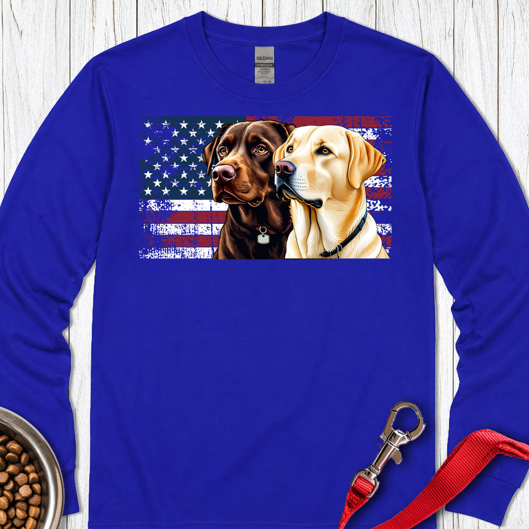 Chocolate And Yellow Lab USA Flag Long Sleeve Shirt Gift For Dog Lover