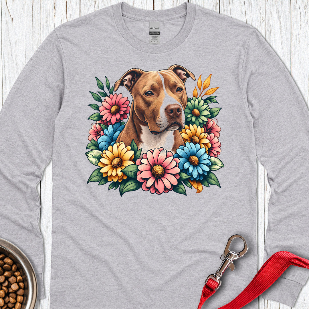 Pitbull Red Nose Flower Wreath Long Sleeve Shirt Gift For Dog Lover