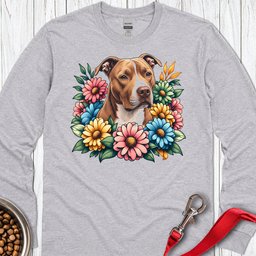 Pitbull Red Nose Flower Wreath Long Sleeve Shirt Gift For Dog Lover
