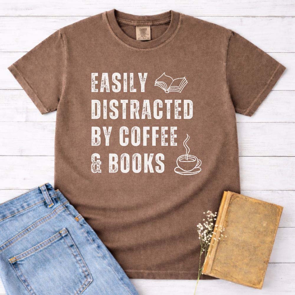 Easily Distracted By Coffee And Books Tee Gift For Cat Lover
