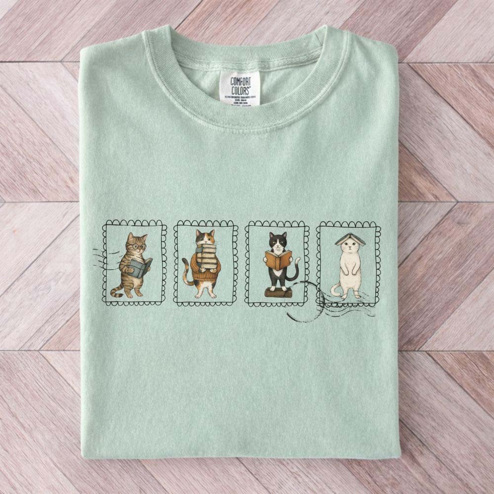 Bookish Cat Stamps Tee Gift For Cat Lover