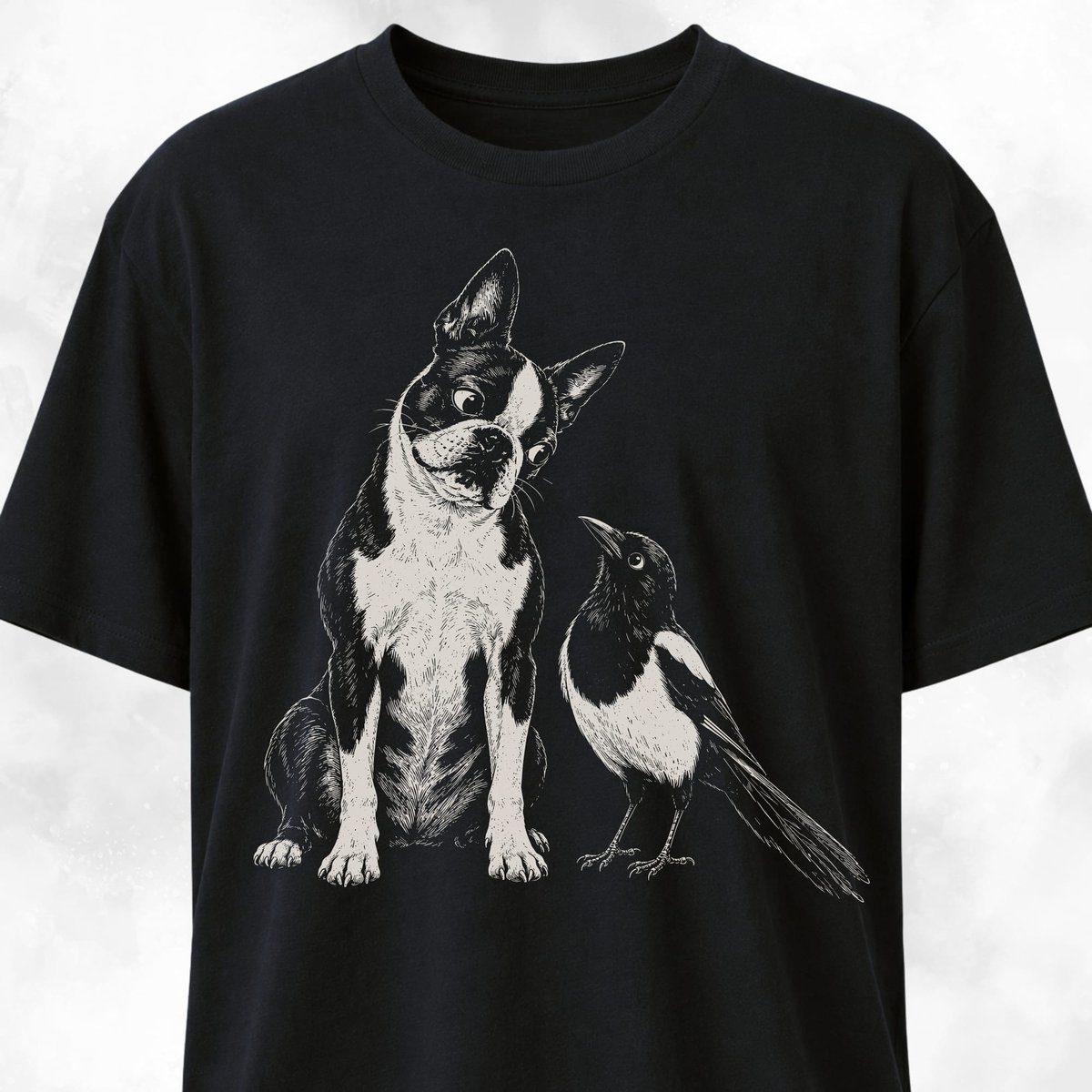 Boston Terrier With Curious Magpie T Shirt Gift For Dog Lover