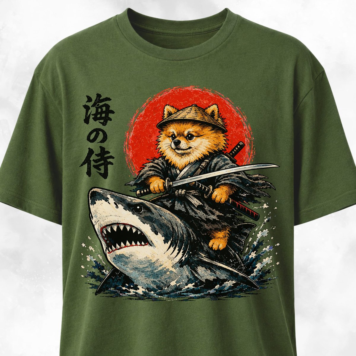 Samurai Pomeranian Riding A Shark T Shirt Gift For Dog Lover