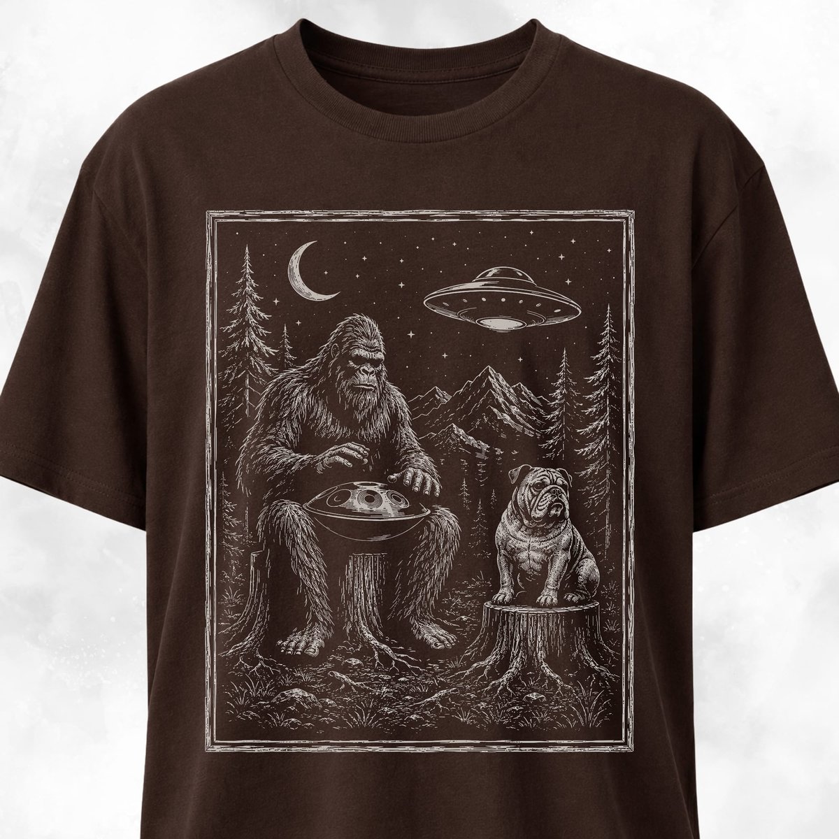 Sasquatch Playing Handpan With Bulldog T Shirt Gift For Dog Lover