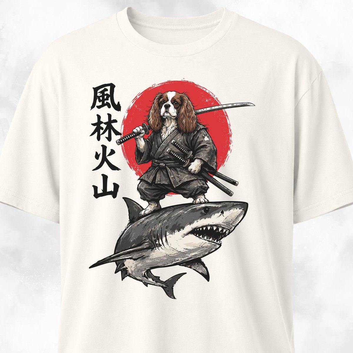 Samurai Cavalier King Charles Spaniel Riding A Shark T Shirt Gift For Dog Lover