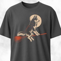 Husky On A Flying Broom T Shirt Gift For Dog Lover