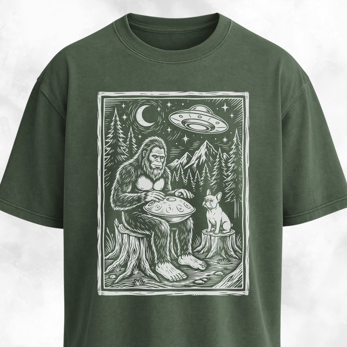 Sasquatch Playing Handpan With Frenchie T Shirt Gift For Dog Lover