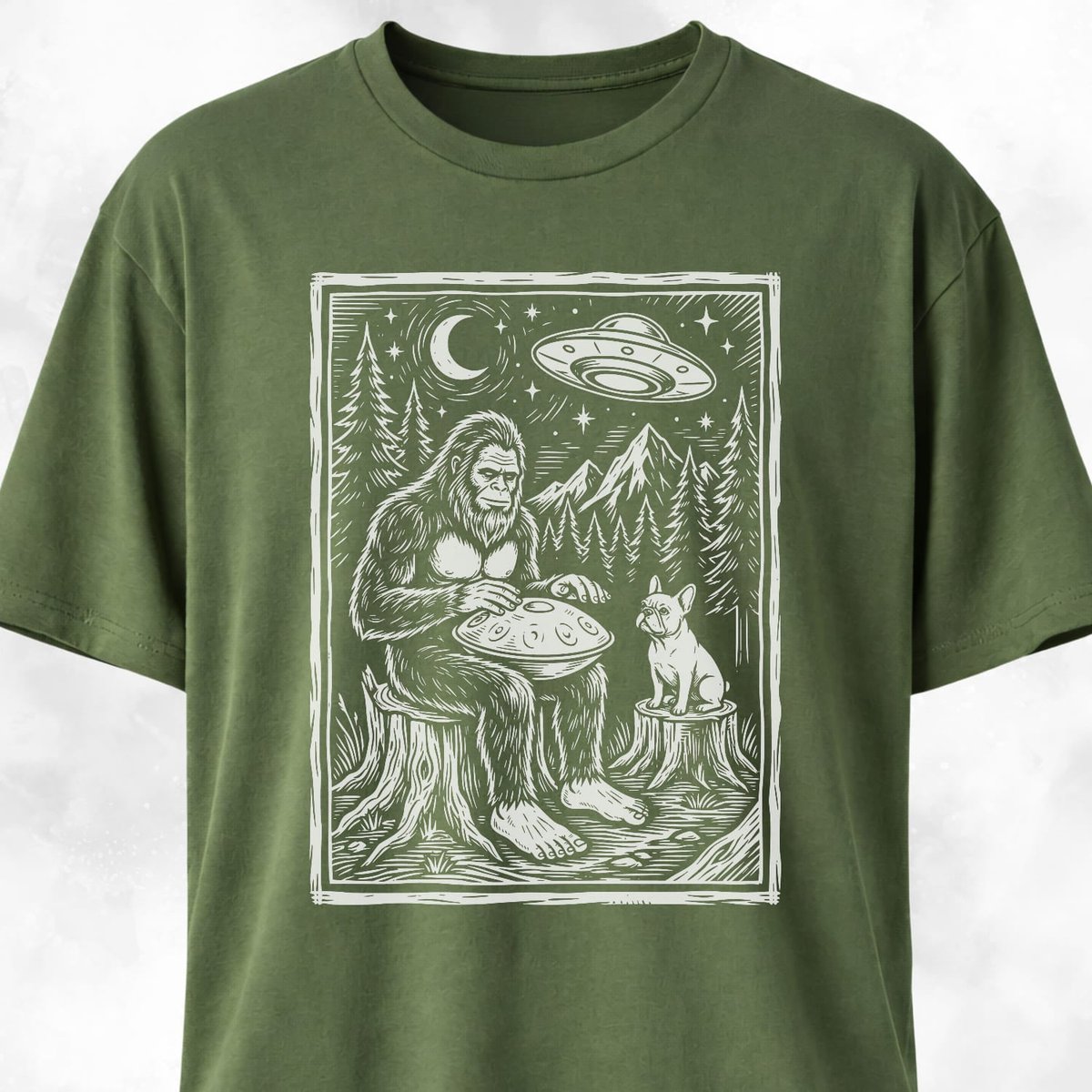 Sasquatch Playing Handpan With Frenchie T Shirt Gift For Dog Lover
