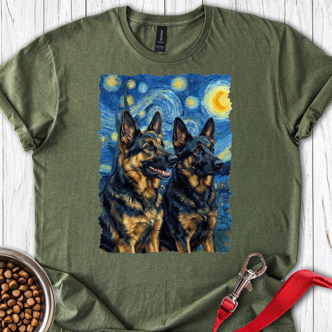 2 German Shepherds Van Gogh T Shirt Gift For Dog Lover