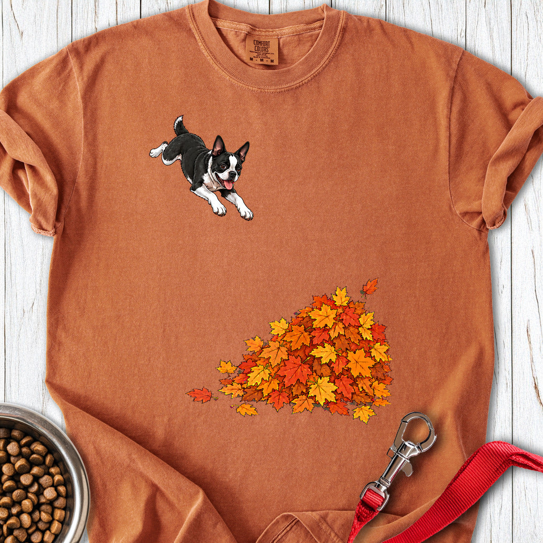 Boston Terrier Leaf Pile Premium Tee Gift For Dog Lover
