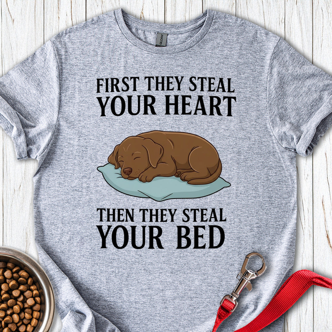Labrador Stealing Bed T Shirt Gift For Dog Lover