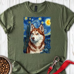 Red And White Husky Van Gogh T Shirt Gift For Dog Lover