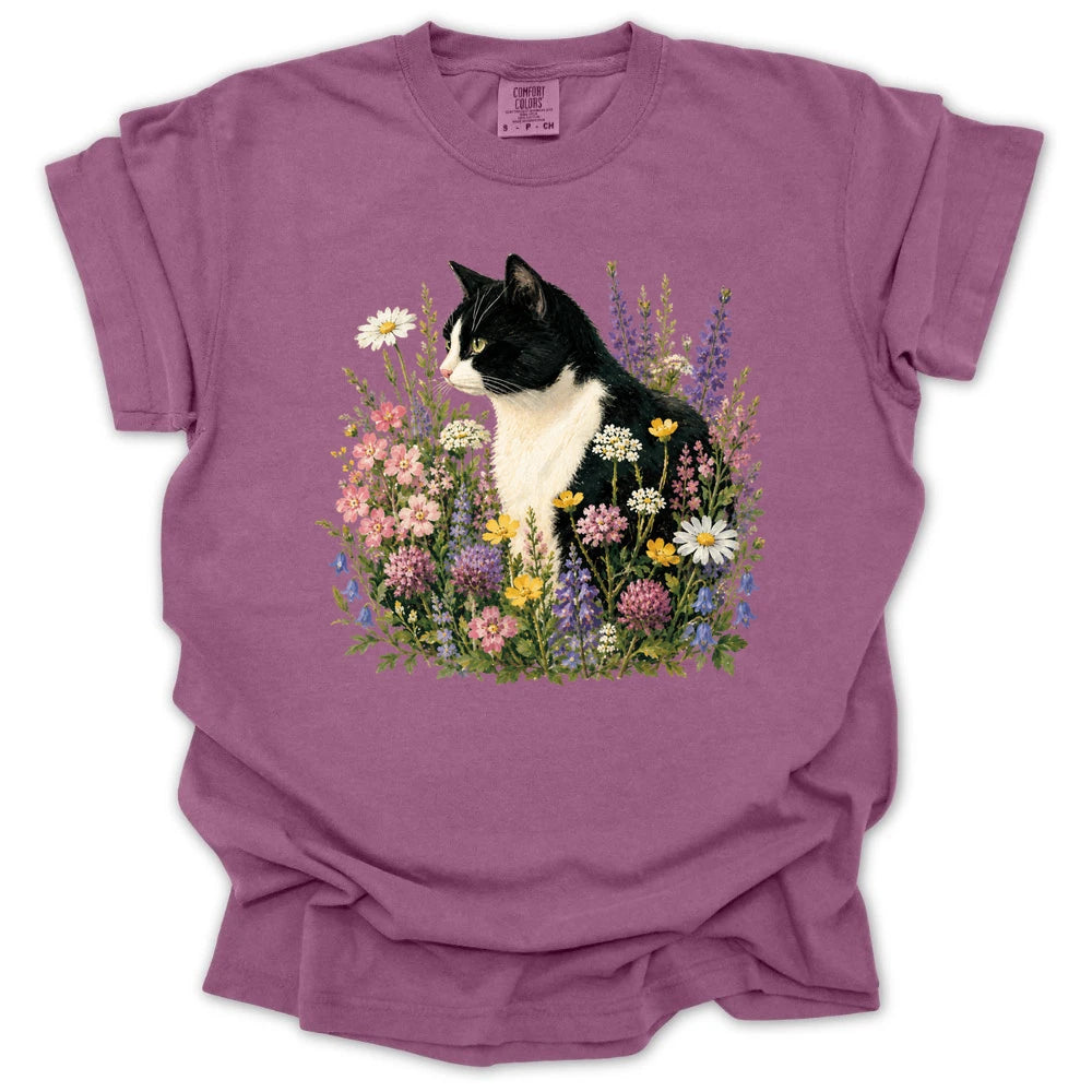 Tuxedo Cat Wildflower T Shirt Gift For Gardener