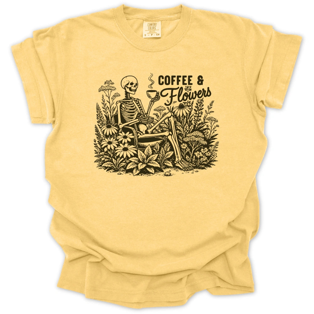 Coffee And Flowers Skeleton T Shirt Gift For Gardener