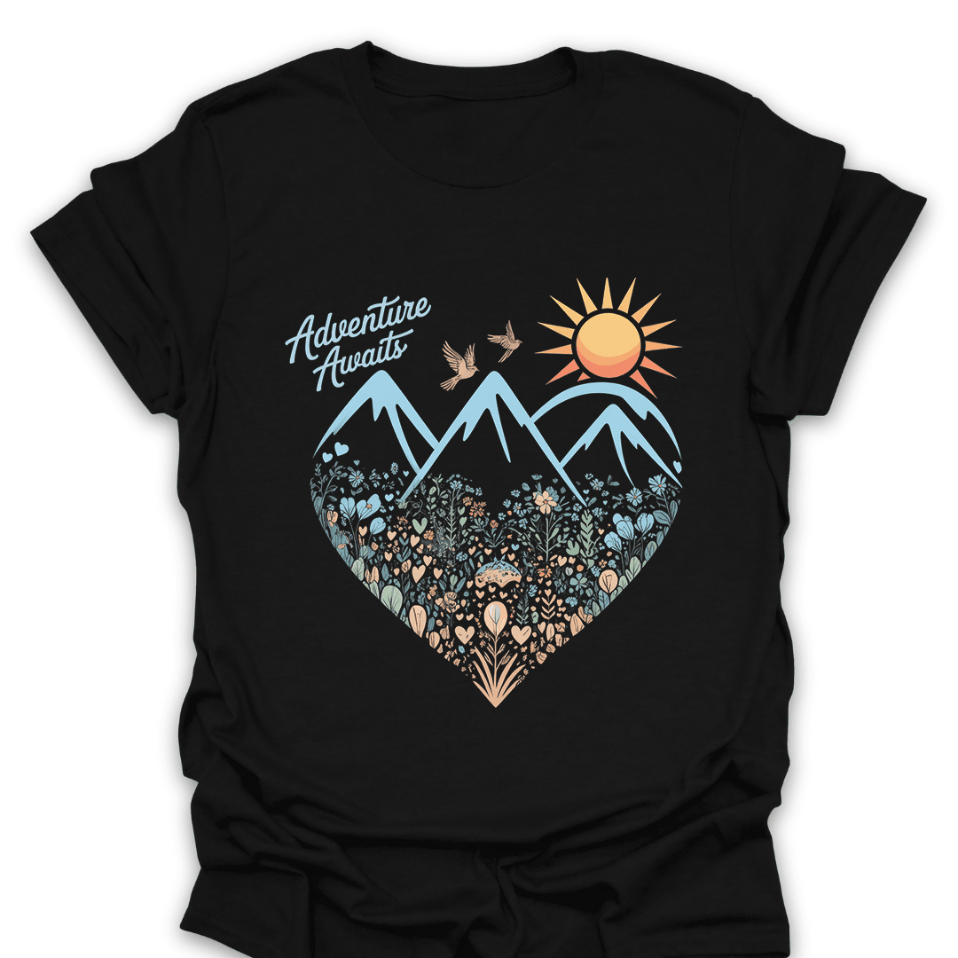 Adventure Awaits Mountain Heart T Shirt Gift For Hiker