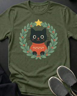 Holiday Wreath Tee Gift For Cat Lover
