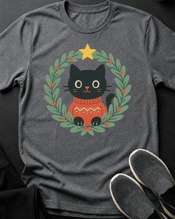 Holiday Wreath Tee Gift For Cat Lover