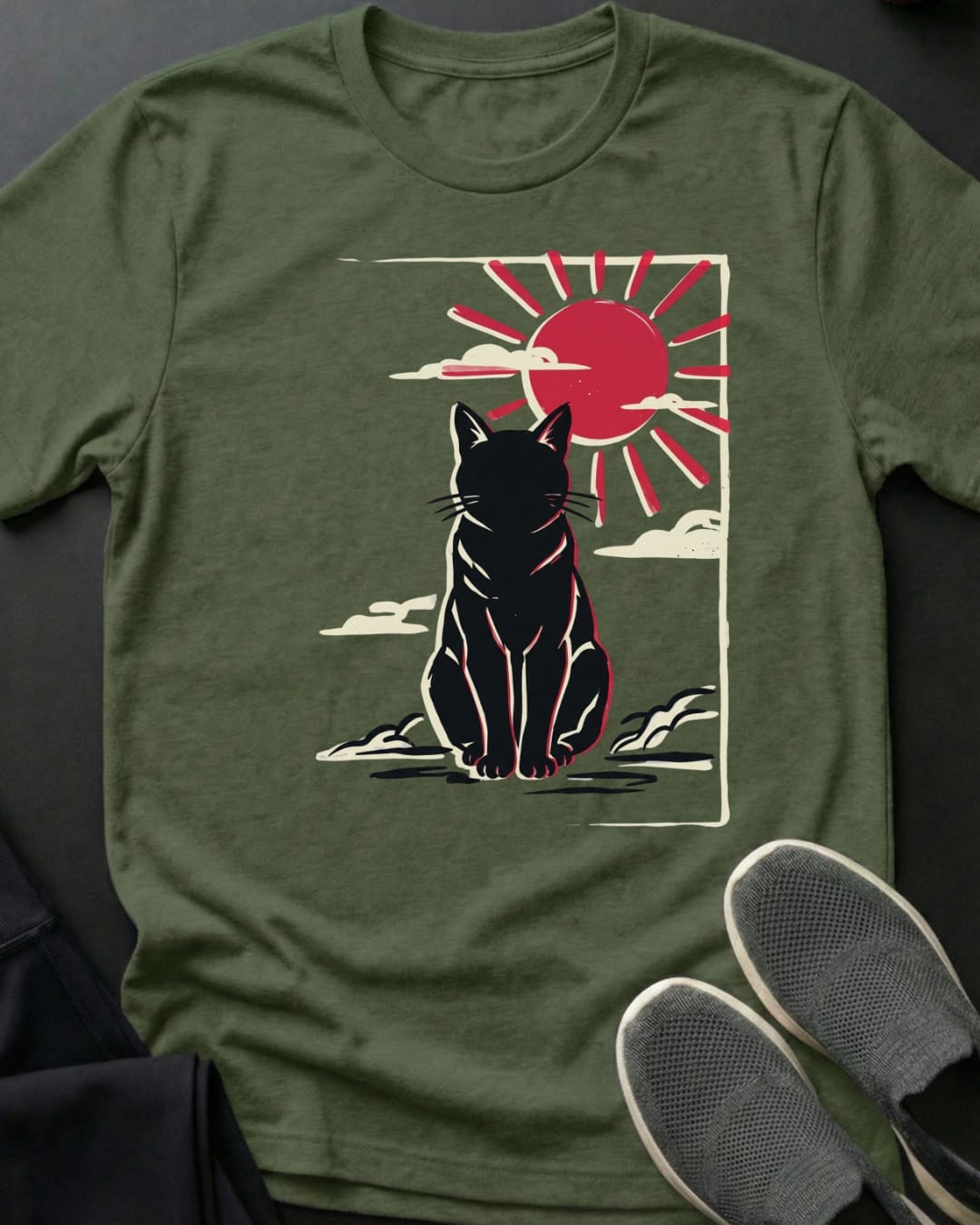 Red Sun Cat Tee Gift For Cat Lover