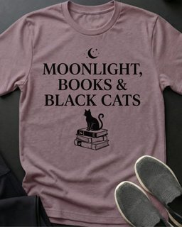 Moonlight Books And Black Cats Tee Gift For Cat Lover