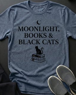 Moonlight Books And Black Cats Tee Gift For Cat Lover