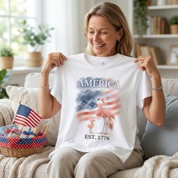 America Est 1776 Watercolor Mama And Baby Patriotic Flamingo 4th Of July T Shirt Gift For Mom