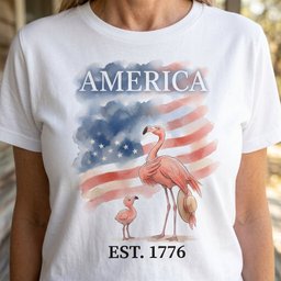 America Est 1776 Watercolor Mama And Baby Patriotic Flamingo 4th Of July T Shirt Gift For Mom