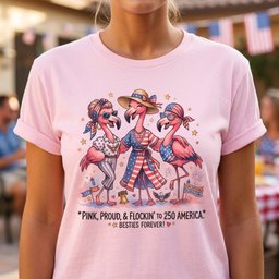 Pink Proud And Flockin To 250 America Besties Forever Shirt T Shirt Gift For Flamingo Lover