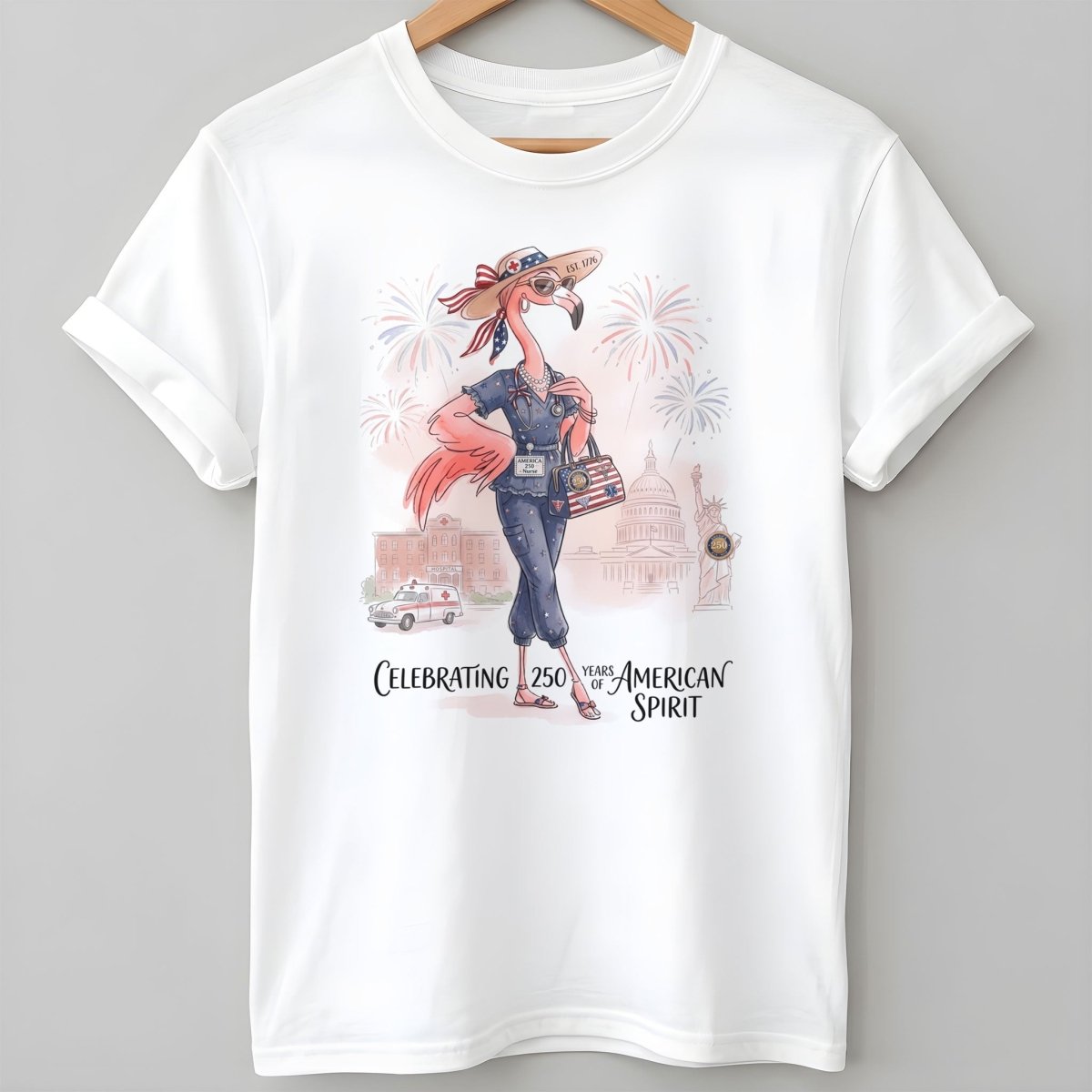 America 250 Years Of American Spirit Nurse Scrubs Flamingo Shirt T Shirt Gift For Flamingo Lover