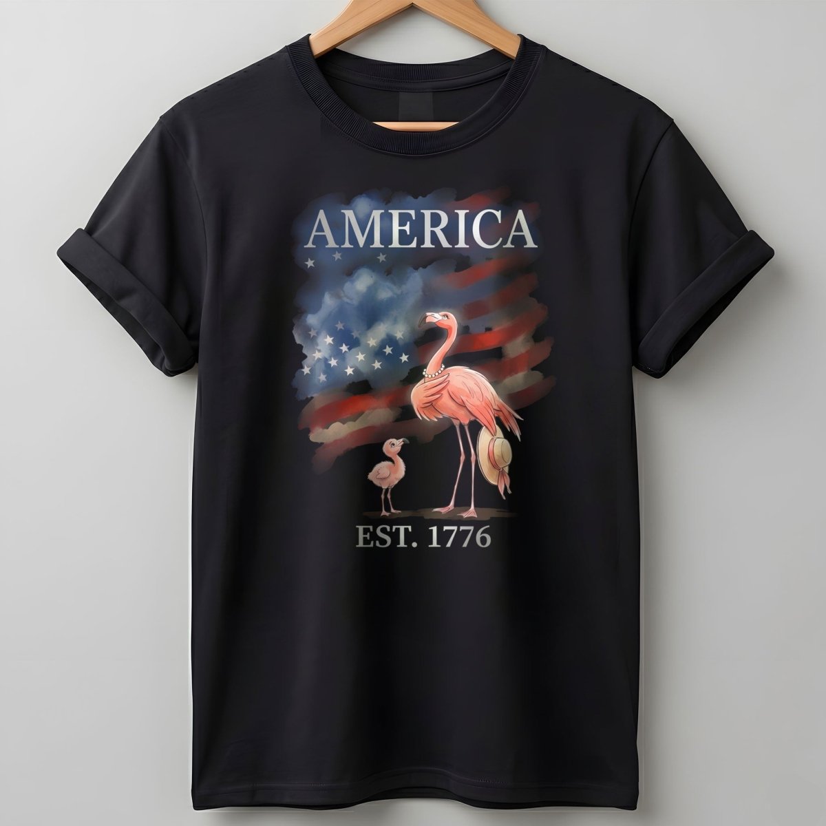 America Est 1776 Watercolor Mama And Baby Patriotic Flamingo 4th Of July T Shirt Gift For Mom