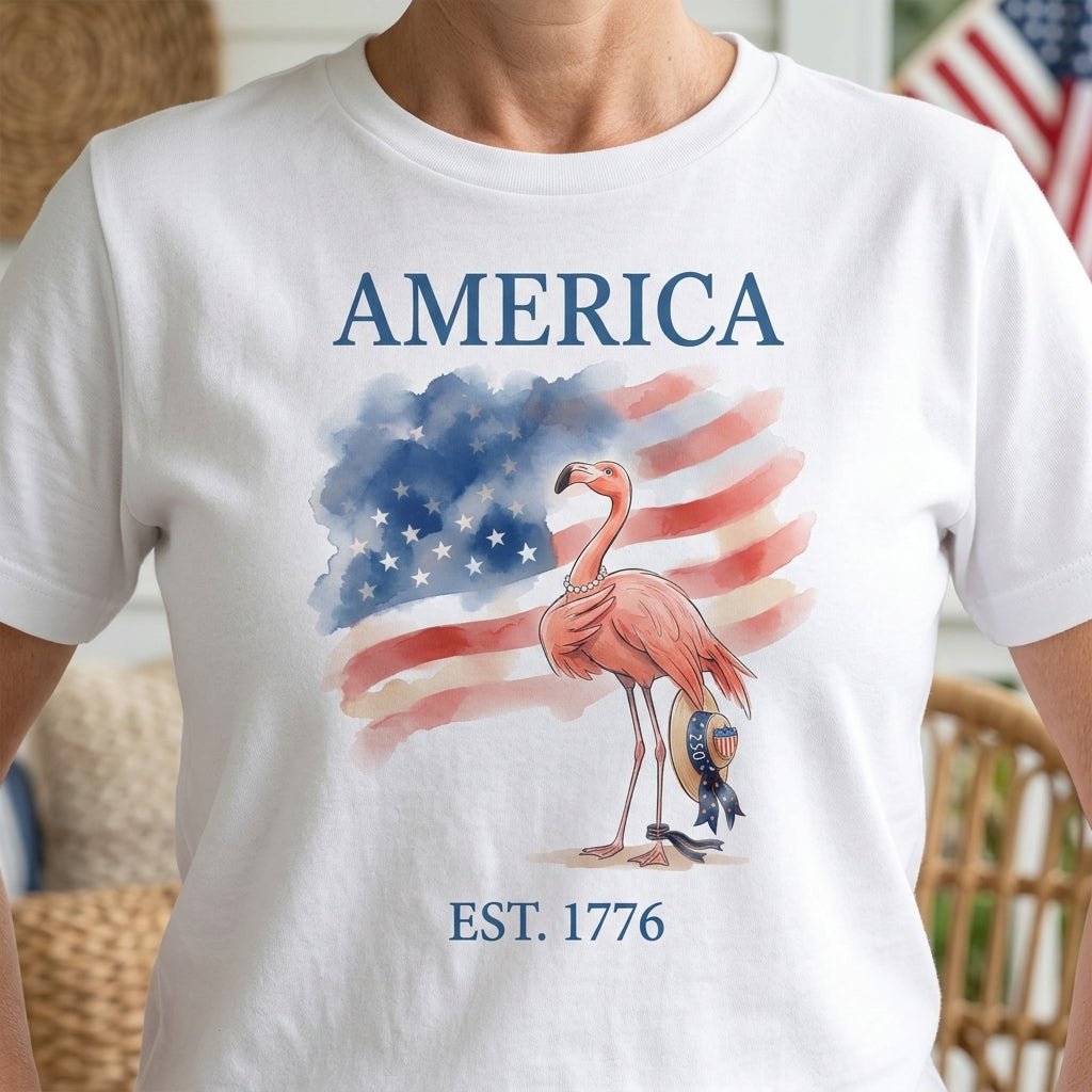 America Est 1776 Watercolor Patriotic Flamingo 4th Of July T Shirt Gift For Flamingo Lover