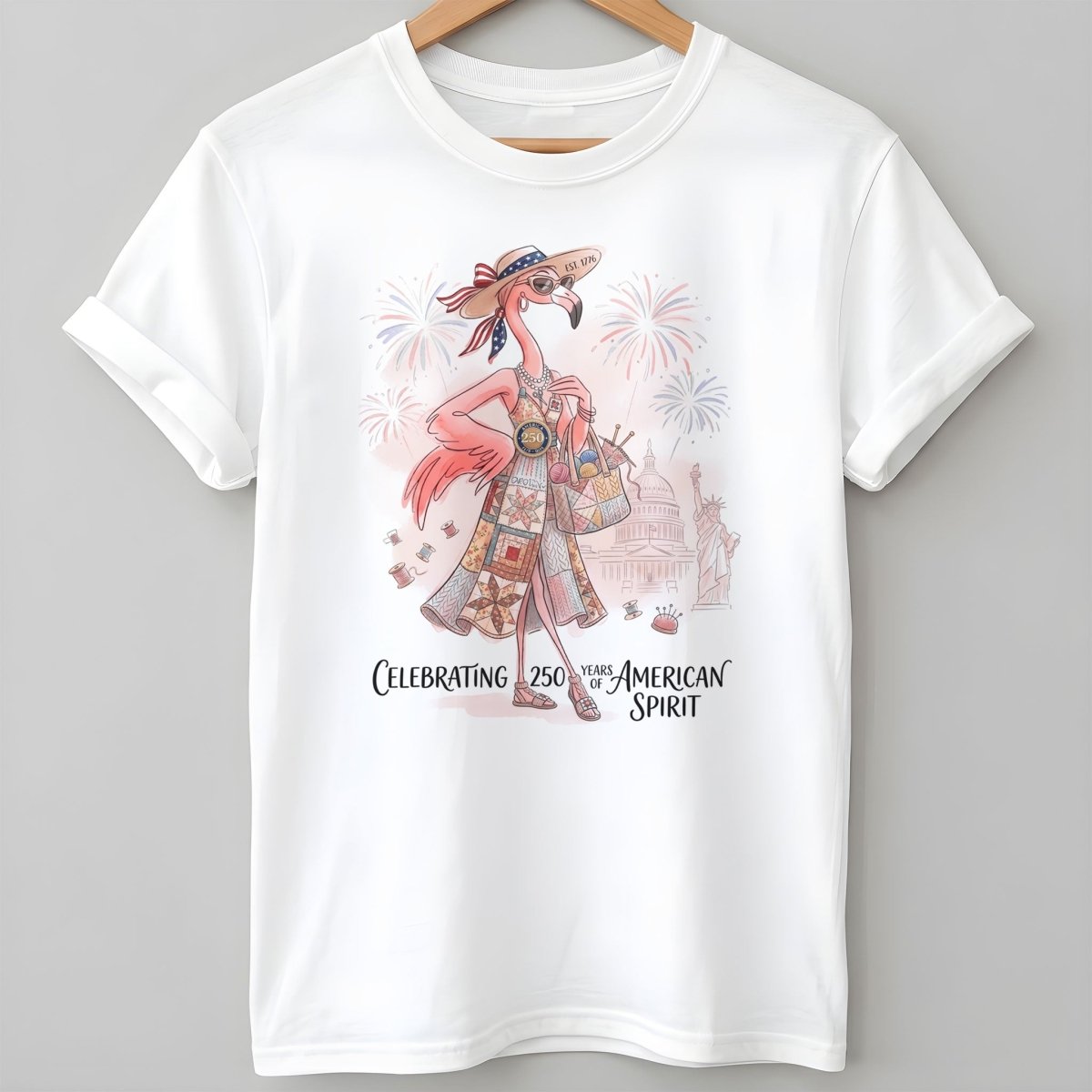 America 250 Years of American Spirit Quilting Knitting Flamingo Shirt