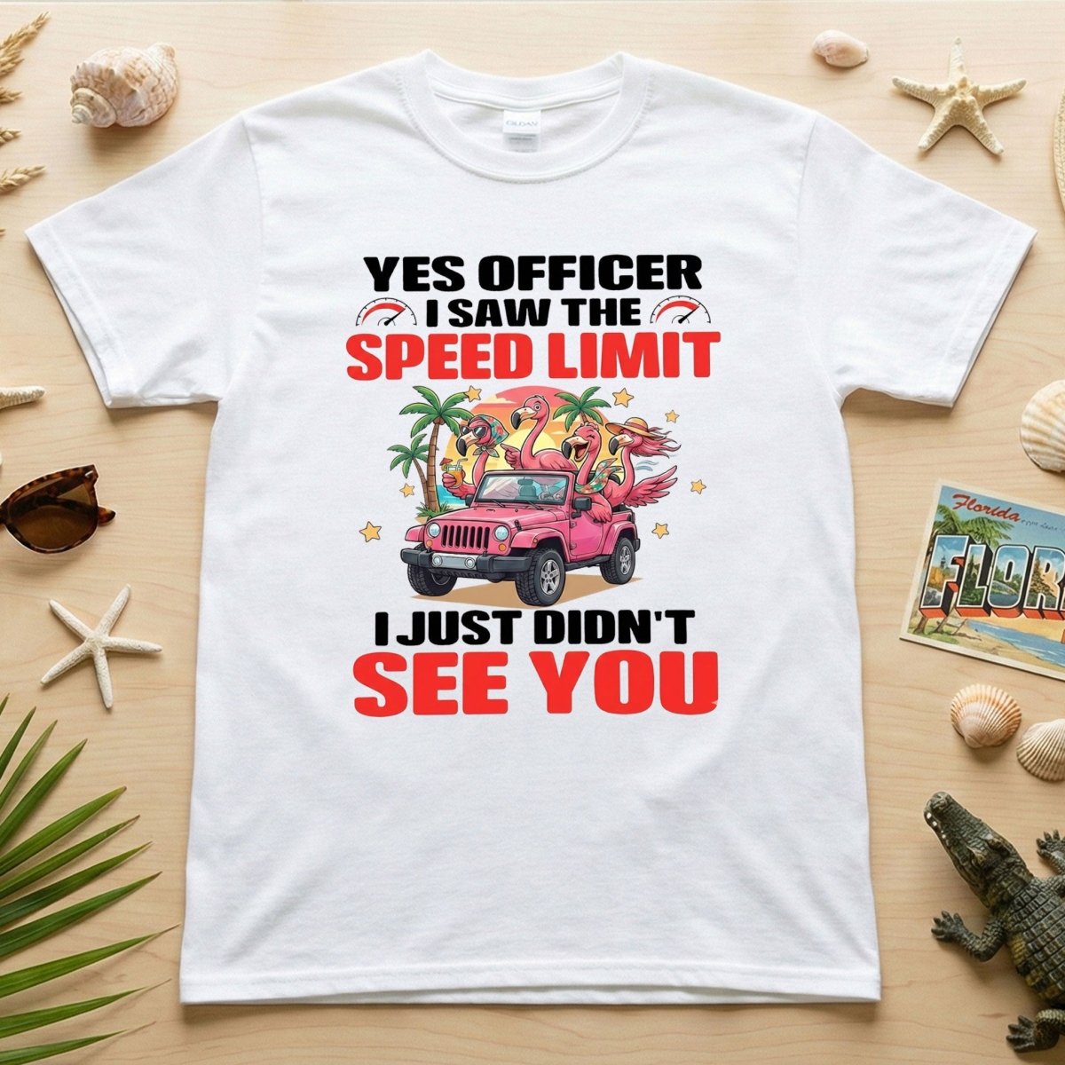 Hilarious Flamingo Speeding T-Shirt - Sarcastic Tropical Jeep Graphic Tee